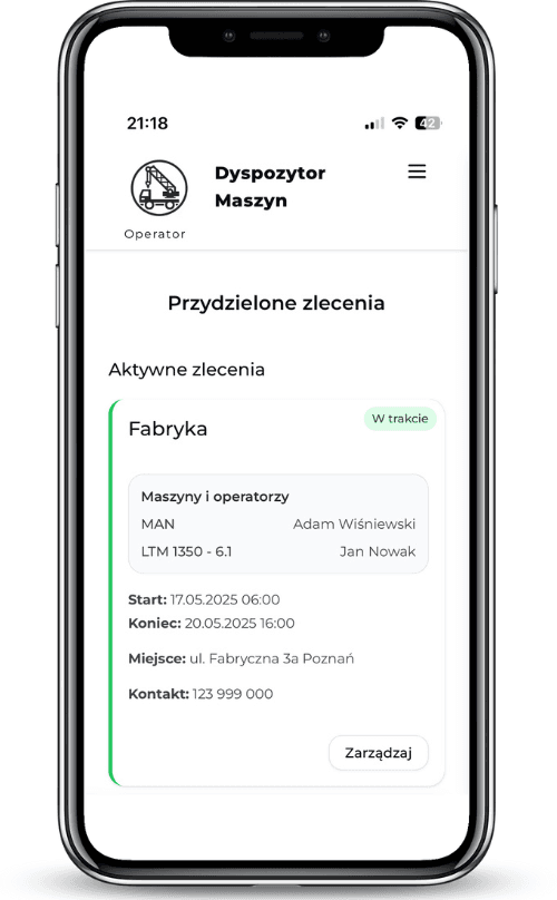 Panel operatora w aplikacji mobilnej Dyspozytor Maszyn - widok zleceń na smartfonie