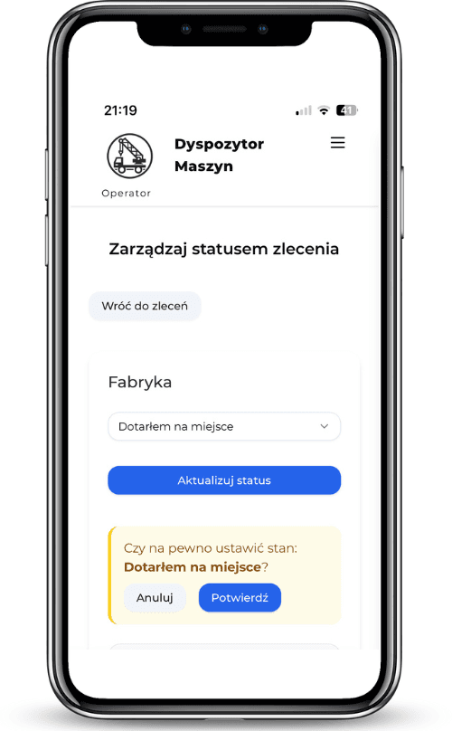 Aktualizacja statusu zlecenia w aplikacji mobilnej Dyspozytor Maszyn